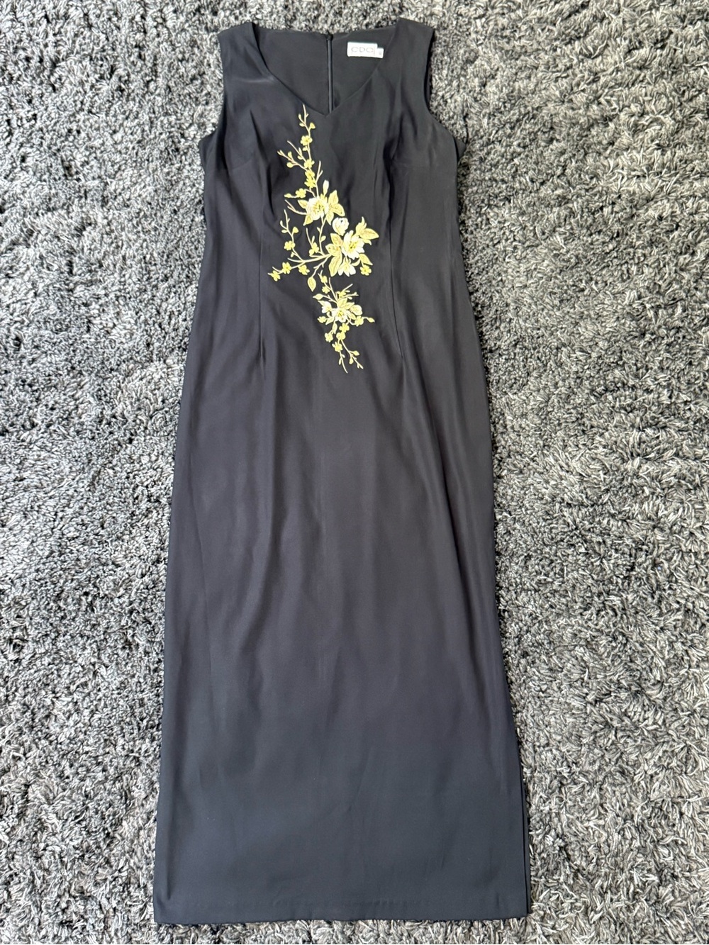 Vintage CDC Black Maxi Dress with Gold Floral Embroidery